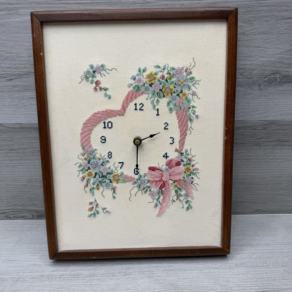Cross Stitch Wall Clock Floral Ribbon Wreath Cottagecore Decor Heart VTG Handmad